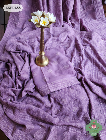 Lilac Pure Georgette Saree with Chikankari Embroidery 11