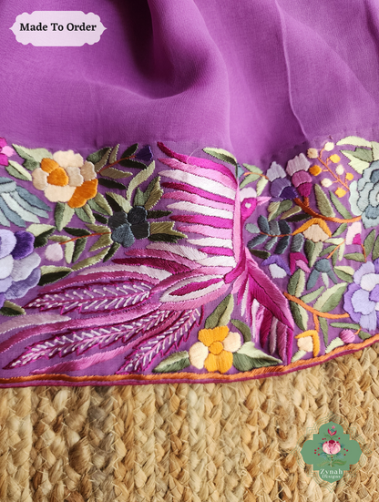Zynah Made To Order Lilac Georgette Hand Embroidered Authentic Parsi Gara Saree; Custom Stitched/Ready-made Blouse, Fall, Petticoat; SKU: 0207202501
