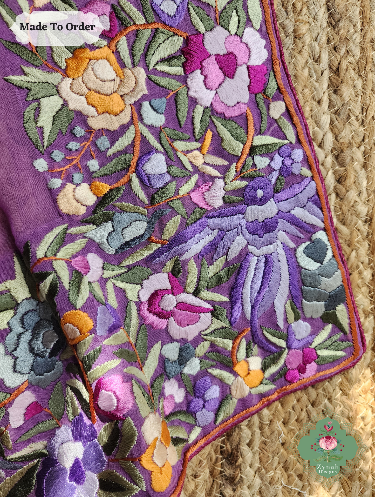 Zynah Made To Order Lilac Georgette Hand Embroidered Authentic Parsi Gara Saree; Custom Stitched/Ready-made Blouse, Fall, Petticoat; SKU: 0207202501