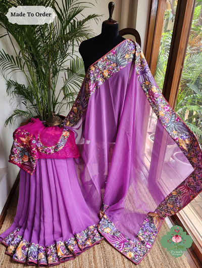 Zynah Made To Order Lilac Georgette Hand Embroidered Authentic Parsi Gara Saree; Custom Stitched/Ready-made Blouse, Fall, Petticoat; SKU: 0207202501