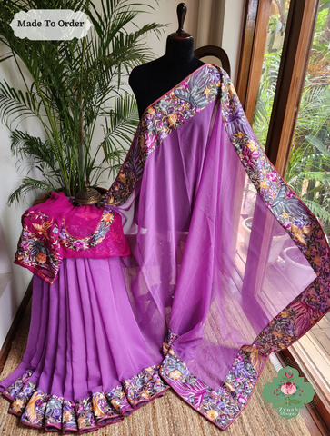 Zynah Made To Order Lilac Georgette Hand Embroidered Authentic Parsi Gara Saree; Custom Stitched/Ready-made Blouse, Fall, Petticoat; SKU: 0207202501