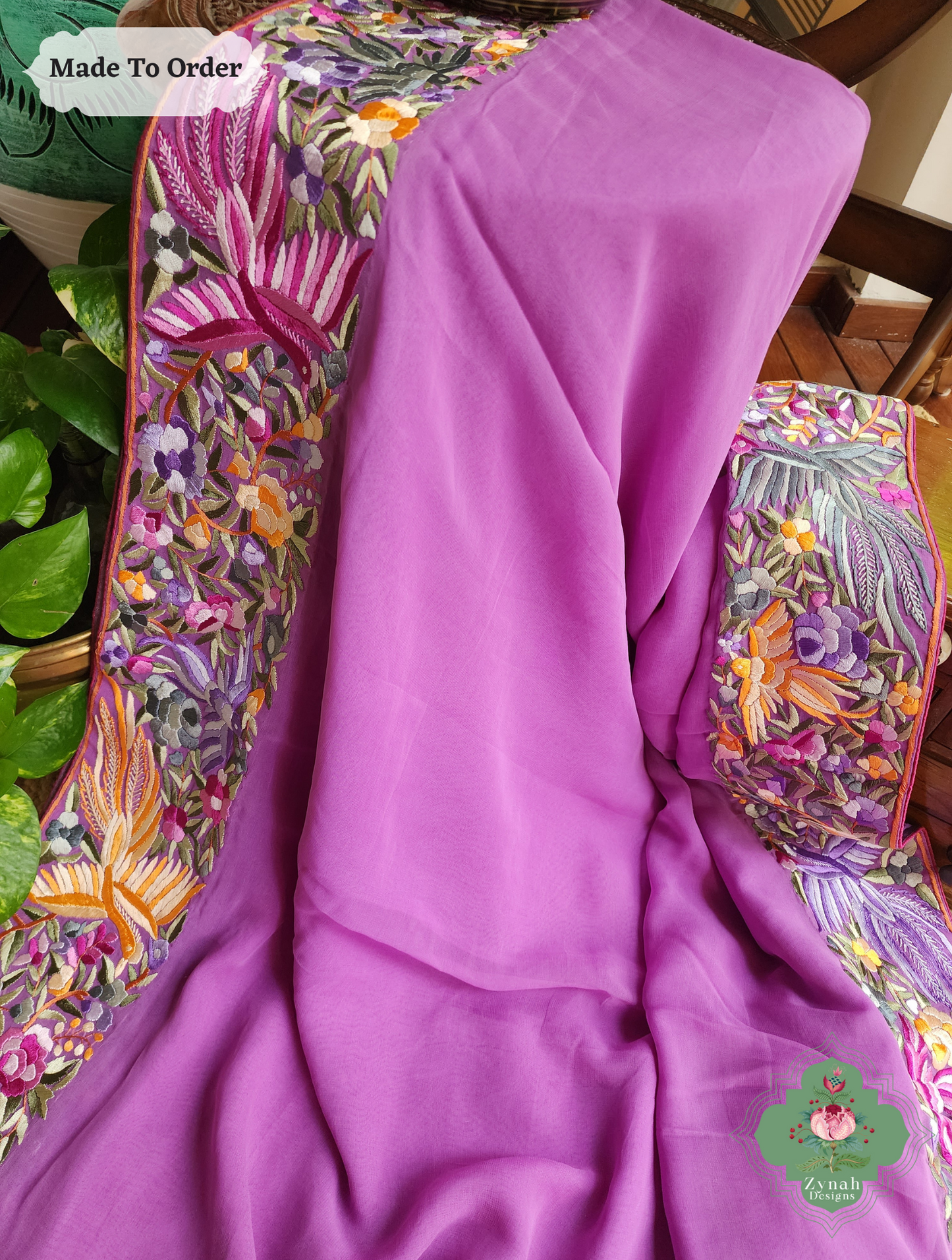 Zynah Made To Order Lilac Georgette Hand Embroidered Authentic Parsi Gara Saree; Custom Stitched/Ready-made Blouse, Fall, Petticoat; SKU: 0207202501