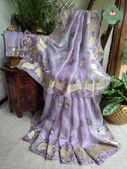 Raasini Dusty Lilac Kota Silk Saree With Pichwai Embroidery