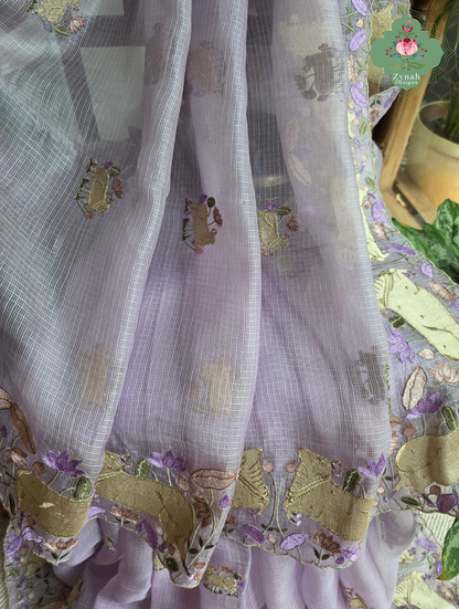 Raasini Dusty Lilac Kota Silk Saree With Pichwai Embroidery