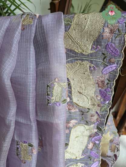 Raasini Dusty Lilac Kota Silk Saree With Pichwai Embroidery