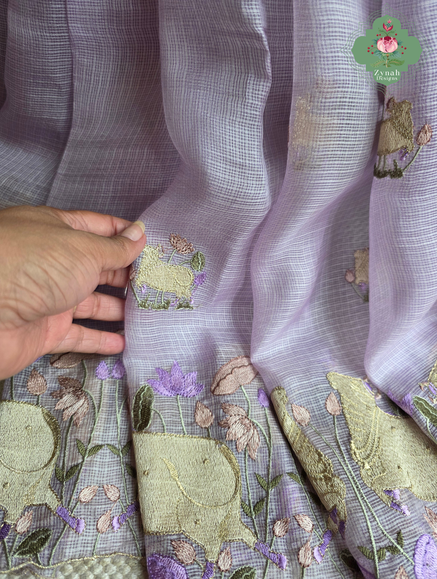 Raasini Dusty Lilac Kota Silk Saree With Pichwai Embroidery
