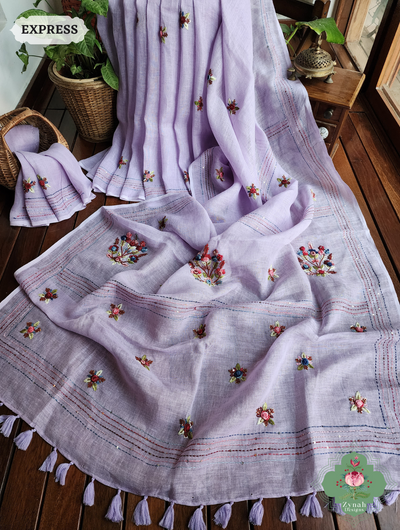 Lilac Organic Linen Saree With Frenchknot Hand Embroidery 1