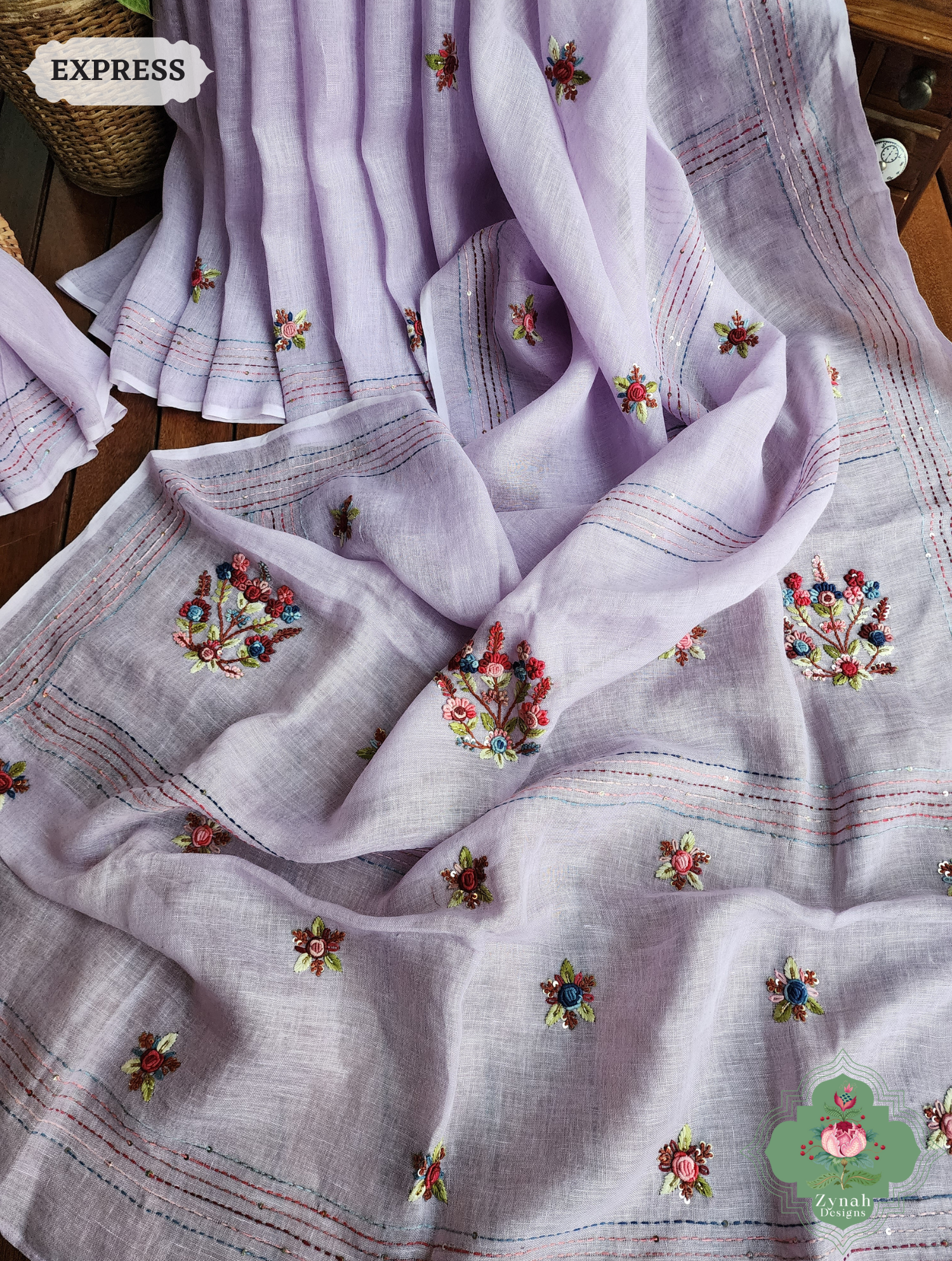 Lilac Organic Linen Saree With Frenchknot Hand Embroidery 4