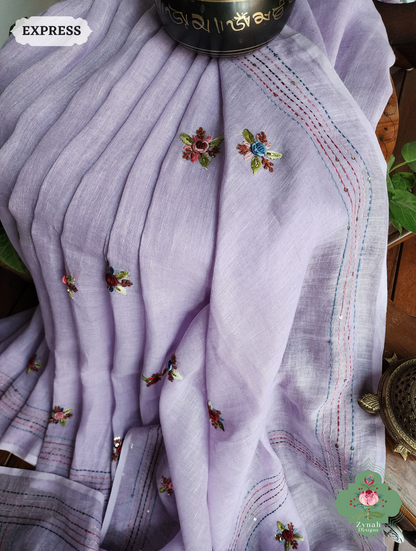 Lilac Organic Linen Saree With Frenchknot Hand Embroidery 5