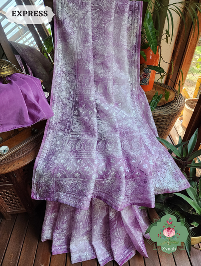 Lilac Hand-Dyed Shaded Organza Chikankari Saree: Exquisite handcrafted saree with beautiful paisleys.
