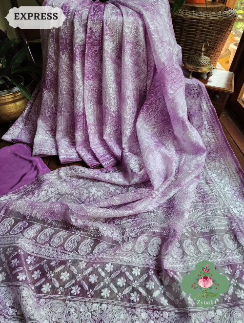 Zynah Lilac Hand-Dyed Shaded Organza Chikankari Saree With Beautiful Paisleys; Custom Stitched/Ready-made Blouse, Fall, Petticoat; SKU: 2205202304