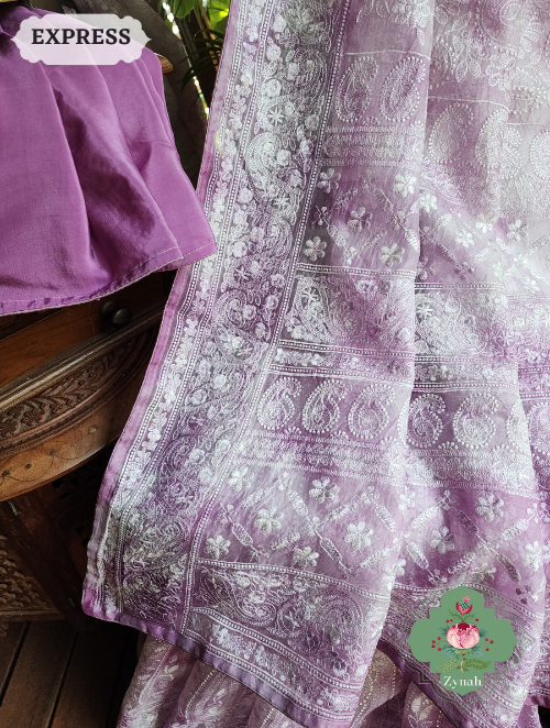 Zynah Lilac Hand-Dyed Shaded Organza Chikankari Saree With Beautiful Paisleys; Custom Stitched/Ready-made Blouse, Fall, Petticoat; SKU: 2205202304