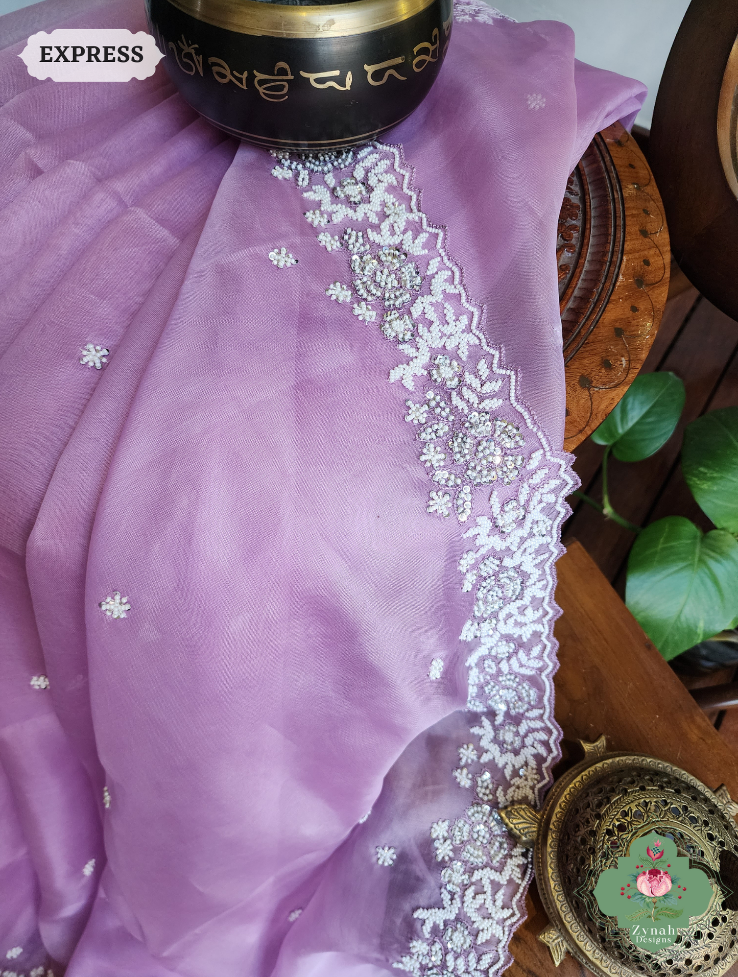 Zynah Lilac Organza Silk Saree With Pearls, Cutdana & Sequins Hand Embellishments; Custom Stitched/Ready-made Blouse, Fall, Petticoat; SKU: 2711202404