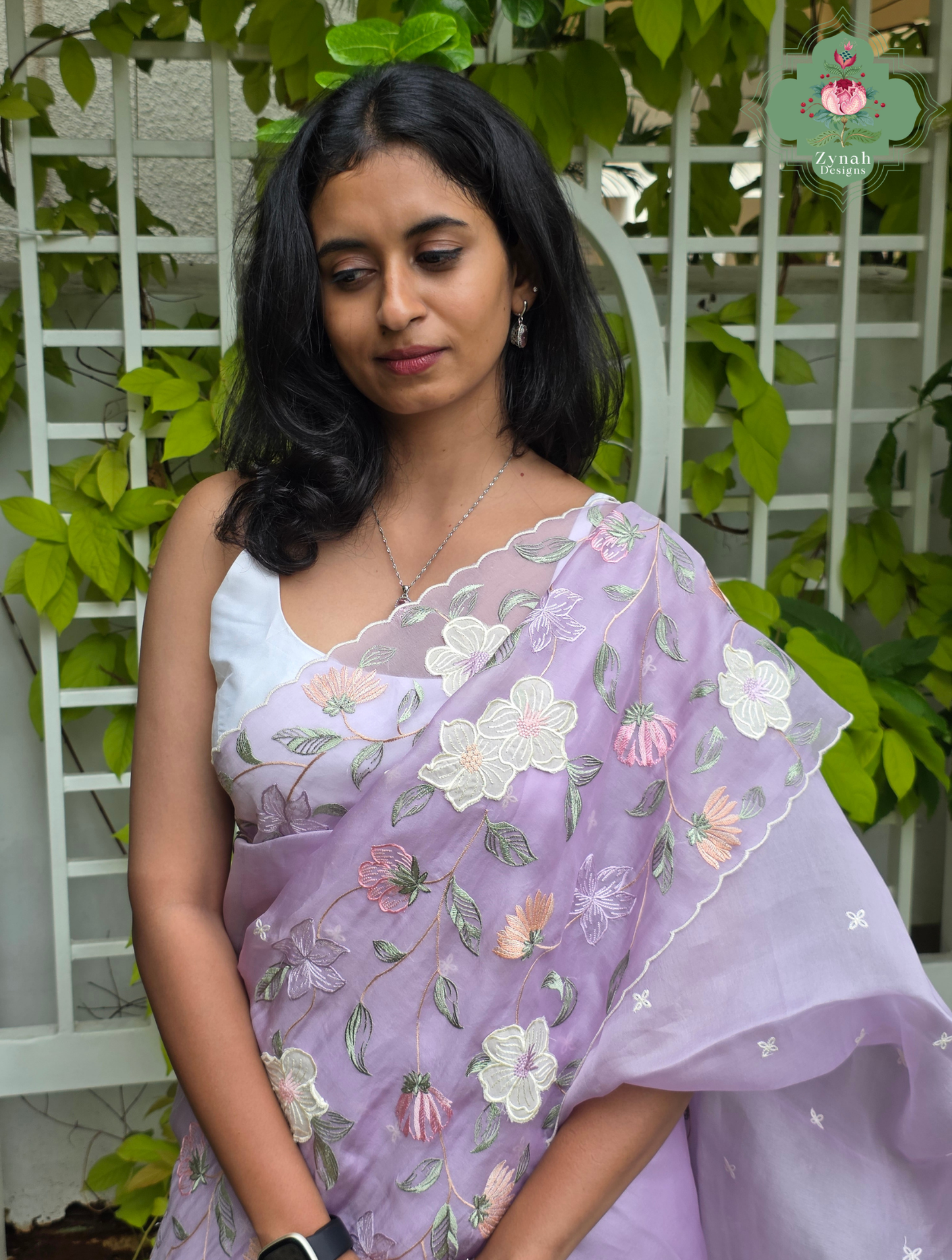 Adaa Mauve Organza Silk Saree With Floral Applique & Embroidery