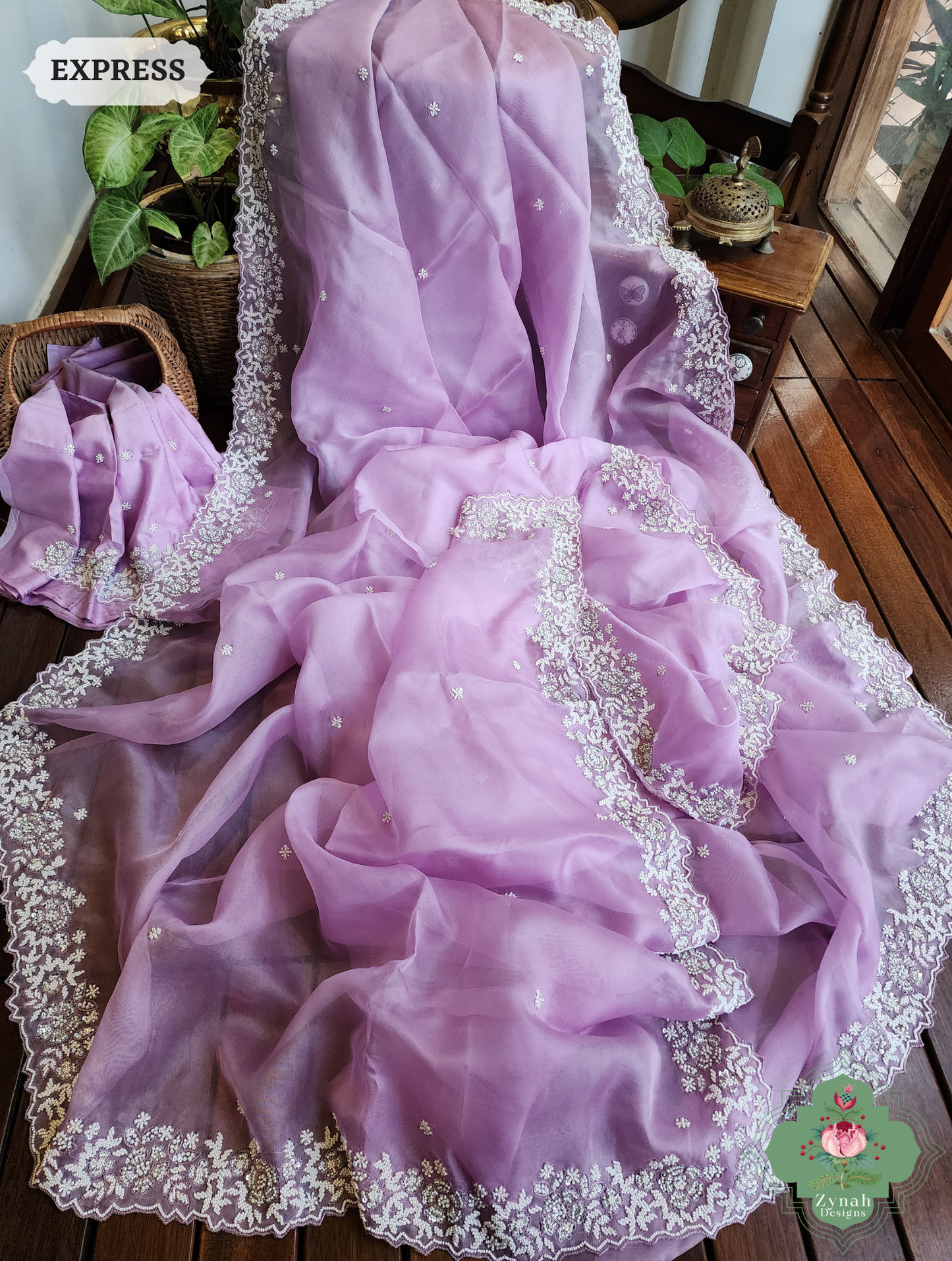 Zynah Lilac Organza Silk Saree With Pearls, Cutdana & Sequins Hand Embellishments; Custom Stitched/Ready-made Blouse, Fall, Petticoat; SKU: 2711202404