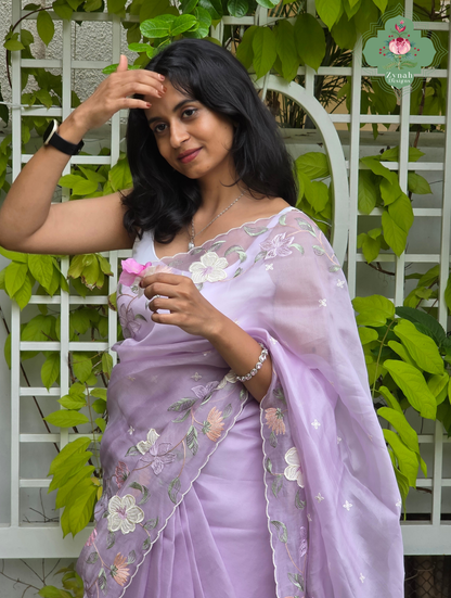 Adaa Mauve Organza Silk Saree With Floral Applique & Embroidery