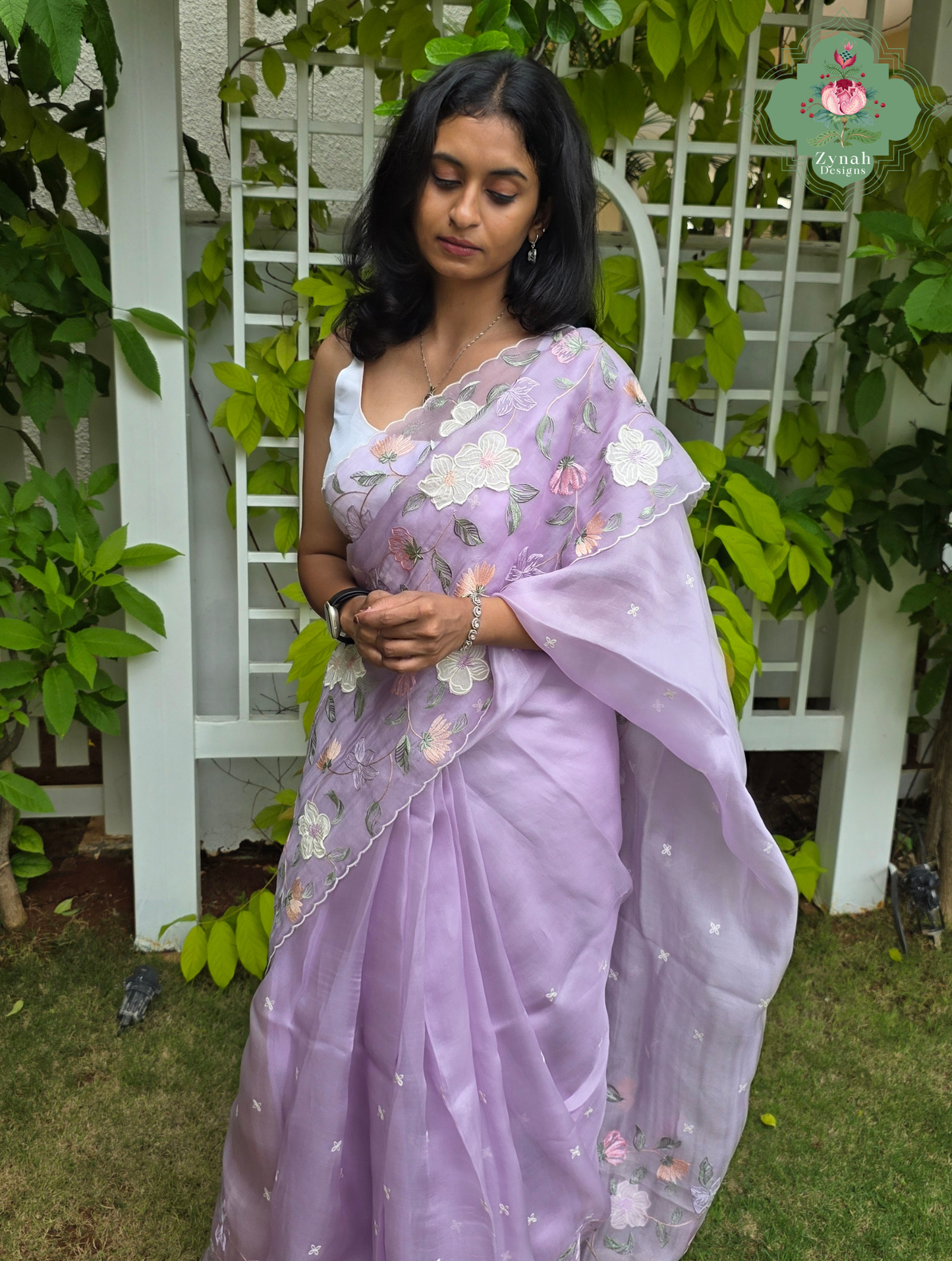 Adaa Mauve Organza Silk Saree With Floral Applique & Embroidery
