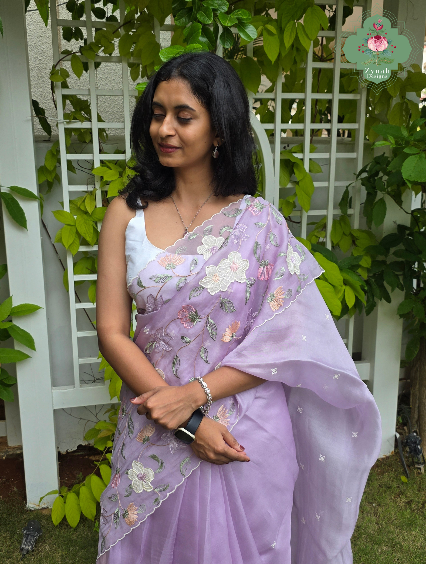 Adaa Mauve Organza Silk Saree With Floral Applique & Embroidery