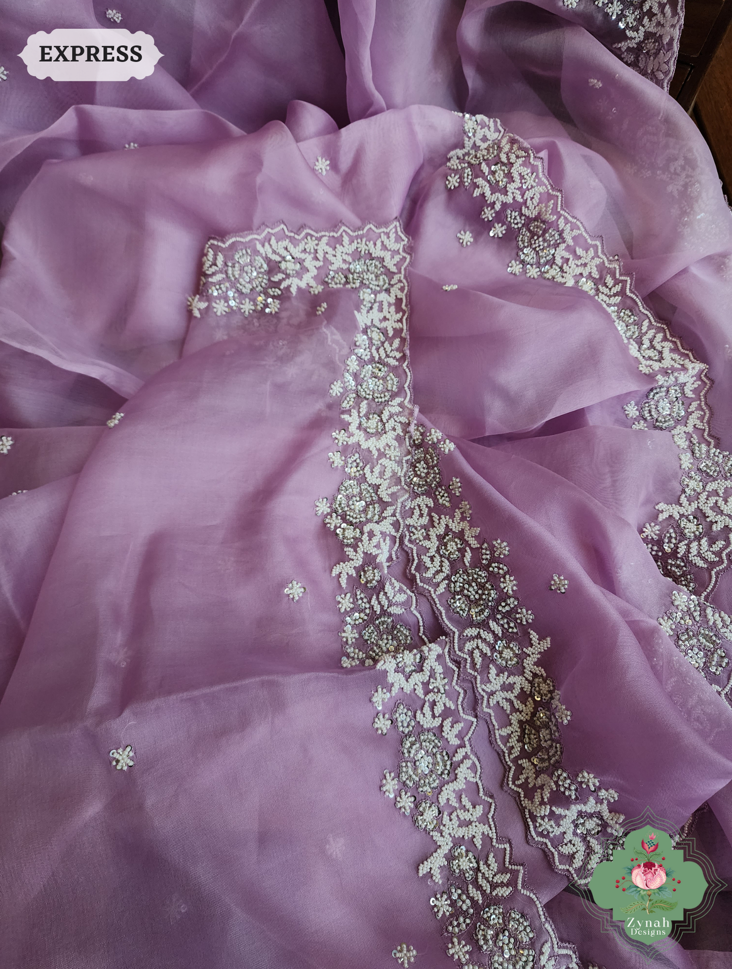 Zynah Lilac Organza Silk Saree With Pearls, Cutdana & Sequins Hand Embellishments; Custom Stitched/Ready-made Blouse, Fall, Petticoat; SKU: 2711202404