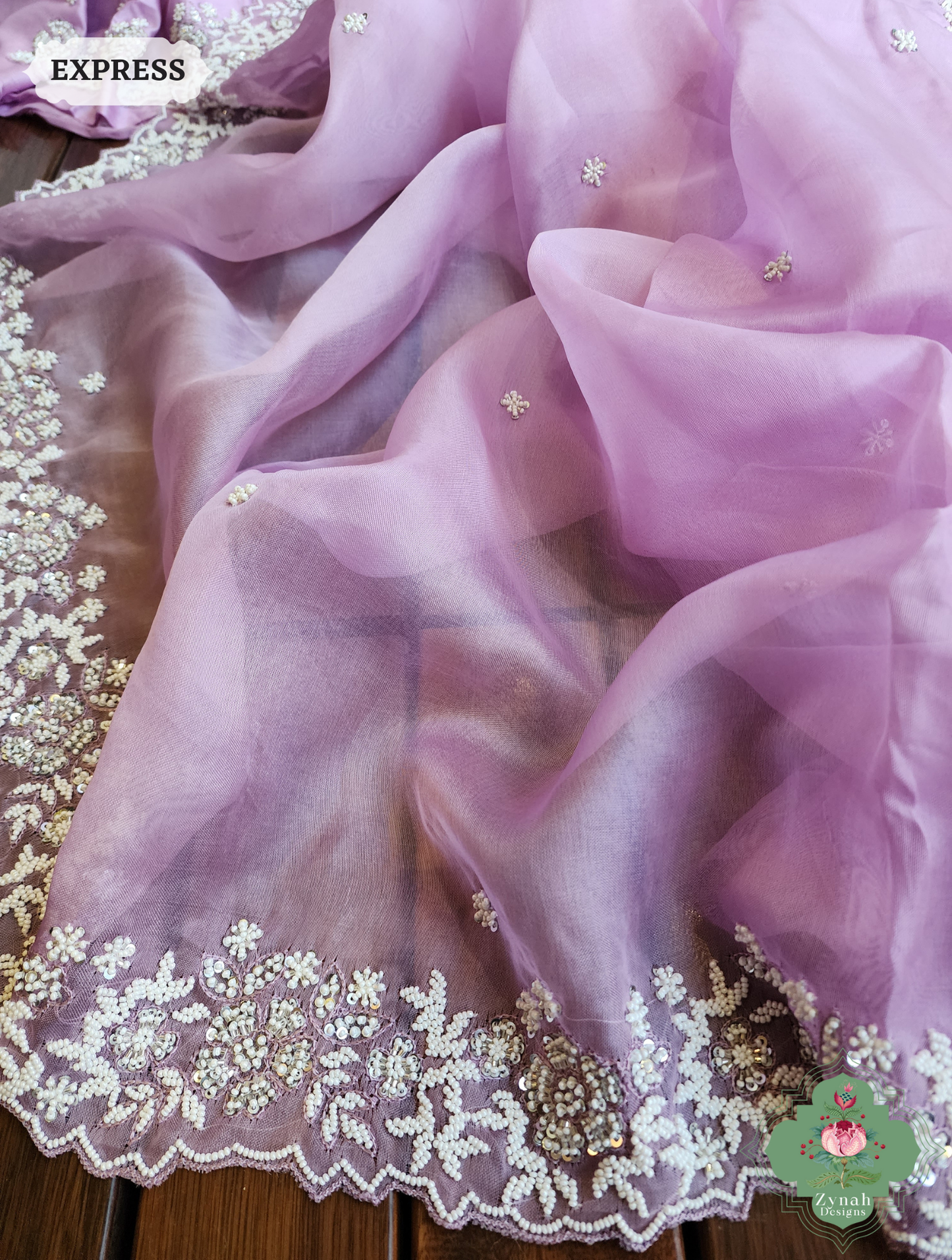 Zynah Lilac Organza Silk Saree With Pearls, Cutdana & Sequins Hand Embellishments; Custom Stitched/Ready-made Blouse, Fall, Petticoat; SKU: 2711202404