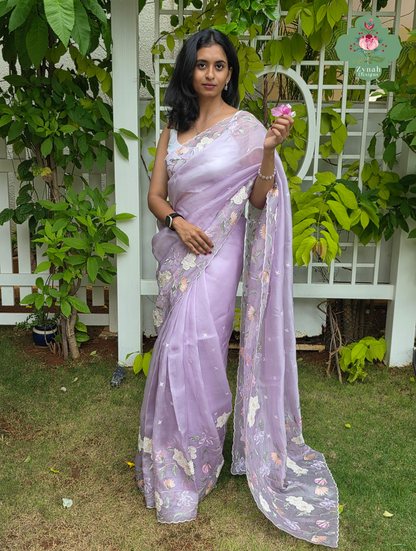 Adaa Mauve Organza Silk Saree With Floral Applique & Embroidery