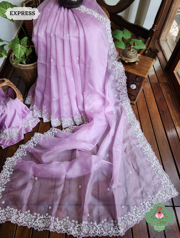 Zynah Lilac Organza Silk Saree With Pearls, Cutdana & Sequins Hand Embellishments; Custom Stitched/Ready-made Blouse, Fall, Petticoat; SKU: 2711202404