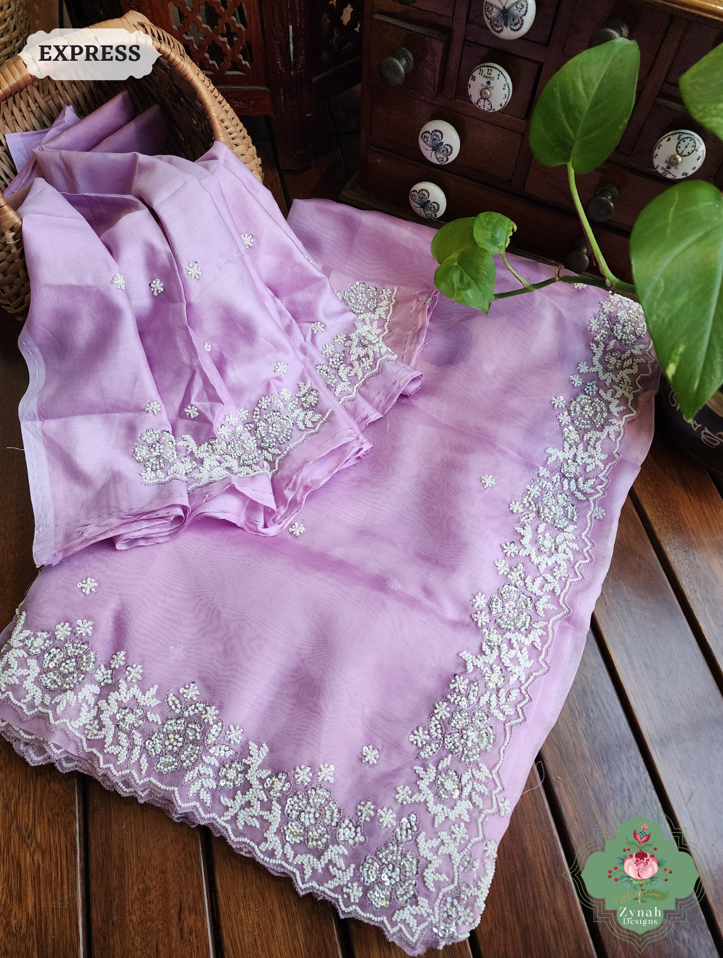 Zynah Lilac Organza Silk Saree With Pearls, Cutdana & Sequins Hand Embellishments; Custom Stitched/Ready-made Blouse, Fall, Petticoat; SKU: 2711202404