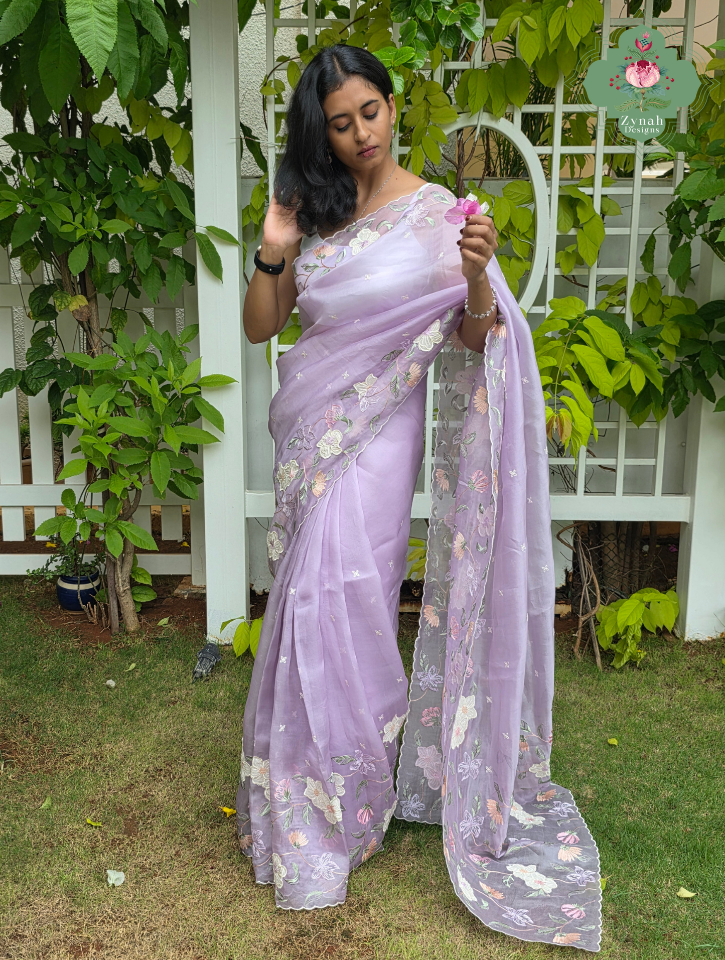 Adaa Mauve Organza Silk Saree With Floral Applique & Embroidery