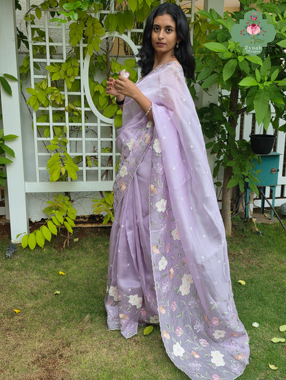 Adaa Mauve Organza Silk Saree With Floral Applique & Embroidery