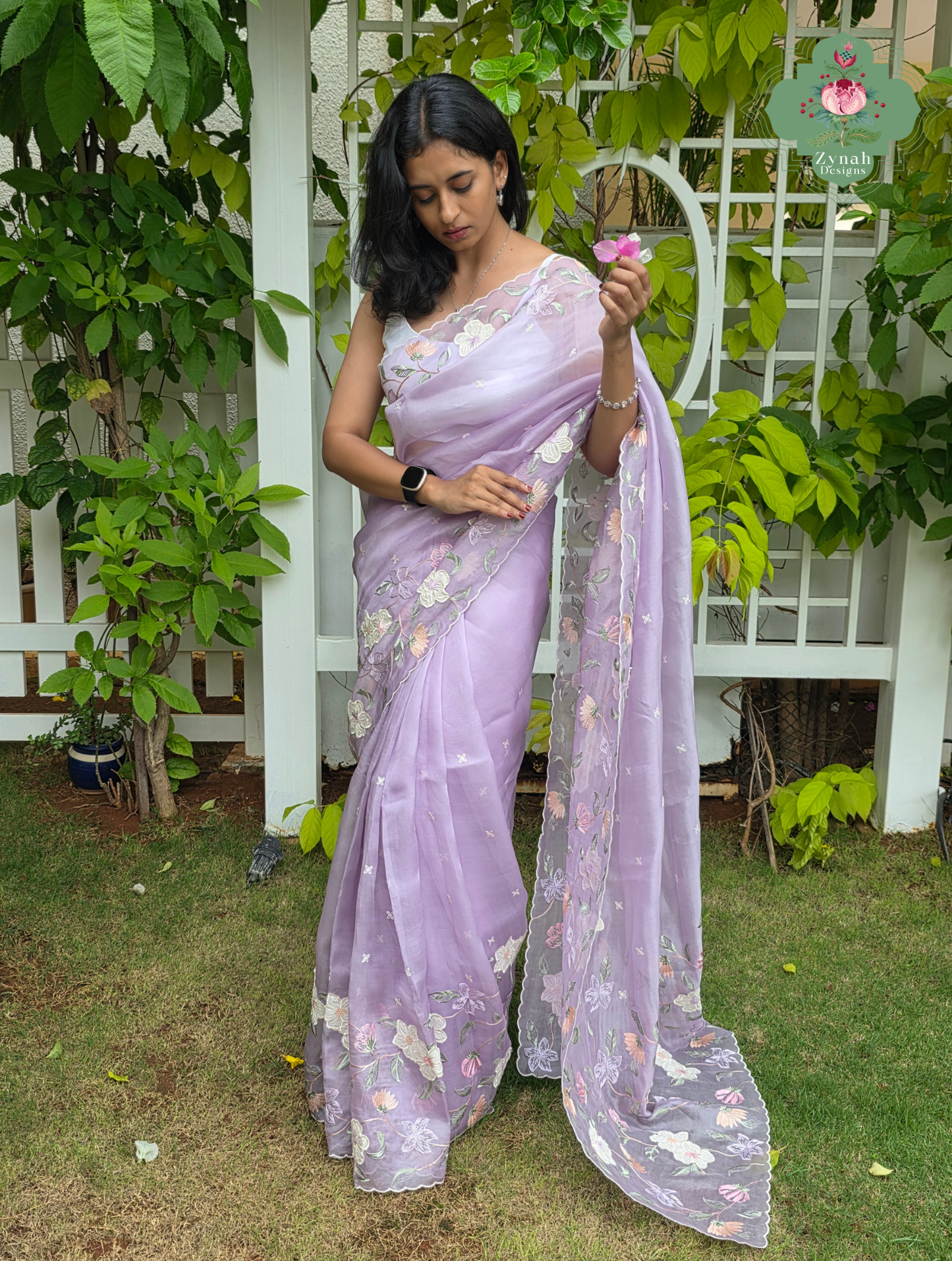 Adaa Mauve Organza Silk Saree With Floral Applique & Embroidery