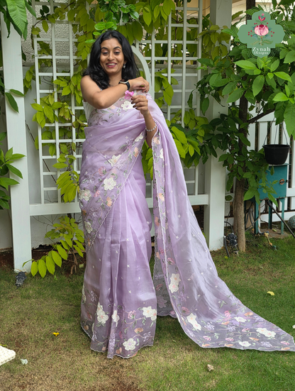 Adaa Mauve Organza Silk Saree With Floral Applique & Embroidery