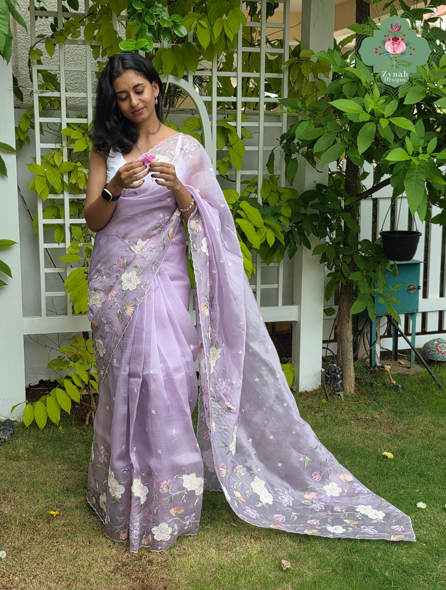 Adaa Mauve Organza Silk Saree With Floral Applique & Embroidery