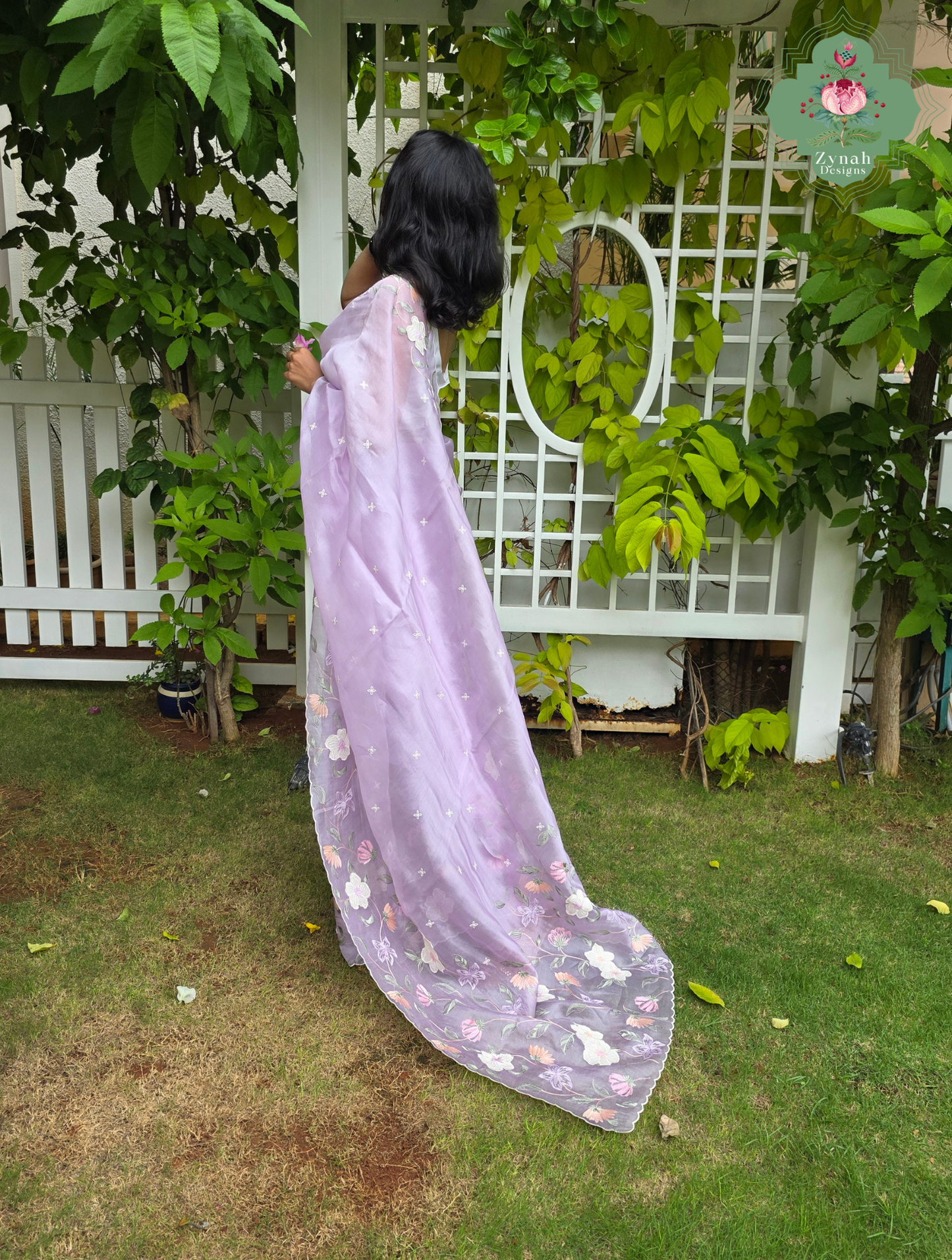 Adaa Mauve Organza Silk Saree With Floral Applique & Embroidery