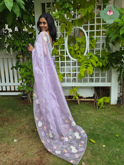 Adaa Mauve Organza Silk Saree With Floral Applique & Embroidery