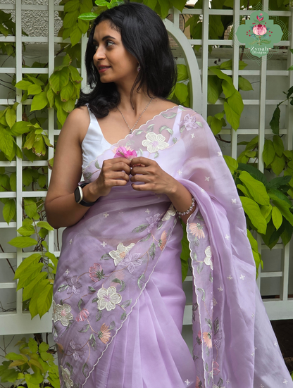 Adaa Mauve Organza Silk Saree With Floral Applique & Embroidery