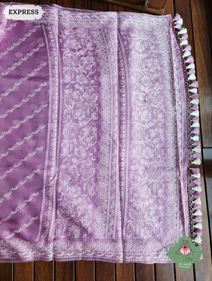 Zynah Lilac Pure Tussar Kota Silk Lehriya Style Saree with Chikankari-Inspired Embroidery; Custom Stitched/Ready-made Blouse, Fall, Petticoat; SKU: 1604202501