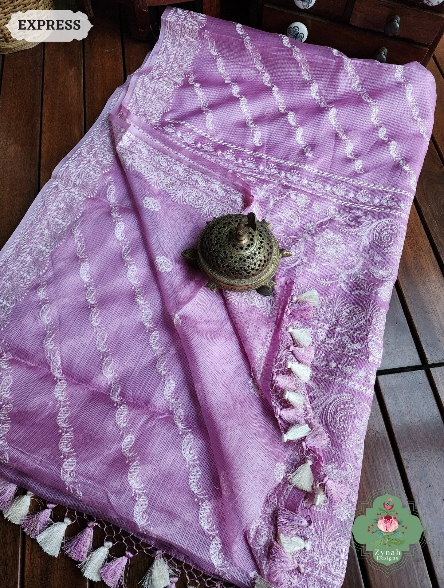 Zynah Lilac Pure Tussar Kota Silk Lehriya Style Saree with Chikankari-Inspired Embroidery; Custom Stitched/Ready-made Blouse, Fall, Petticoat; SKU: 1604202501