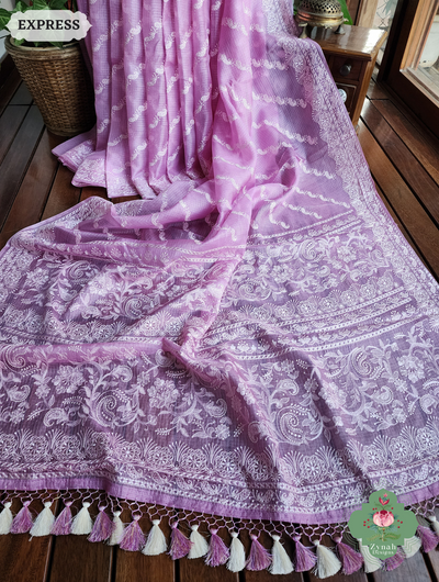 Zynah Lilac Pure Tussar Kota Silk Lehriya Style Saree with Chikankari-Inspired Embroidery; Custom Stitched/Ready-made Blouse, Fall, Petticoat; SKU: 1604202501