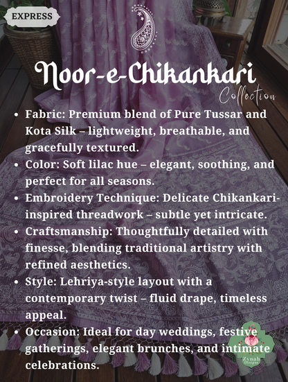 Zynah Lilac Pure Tussar Kota Silk Lehriya Style Saree with Chikankari-Inspired Embroidery; Custom Stitched/Ready-made Blouse, Fall, Petticoat; SKU: 1604202501