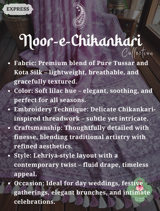 Zynah Lilac Pure Tussar Kota Silk Lehriya Style Saree with Chikankari-Inspired Embroidery; Custom Stitched/Ready-made Blouse, Fall, Petticoat; SKU: 1604202501