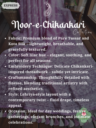 Zynah Lilac Pure Tussar Kota Silk Lehriya Style Saree with Chikankari-Inspired Embroidery; Custom Stitched/Ready-made Blouse, Fall, Petticoat; SKU: 1604202501