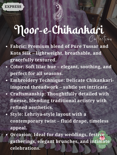 Zynah Lilac Pure Tussar Kota Silk Lehriya Style Saree with Chikankari-Inspired Embroidery; Custom Stitched/Ready-made Blouse, Fall, Petticoat; SKU: 1604202501