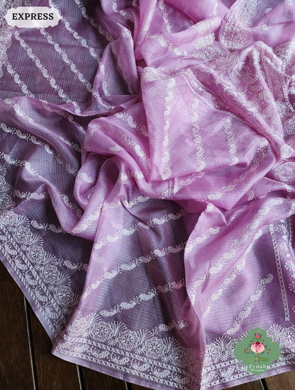 Zynah Lilac Pure Tussar Kota Silk Lehriya Style Saree with Chikankari-Inspired Embroidery; Custom Stitched/Ready-made Blouse, Fall, Petticoat; SKU: 1604202501