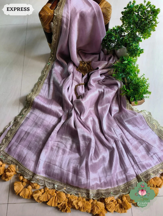 Zynah Metallic Lilac Linen Tissue Saree With Scalloped Lace & Mustard Tassels; Custom Stitched/Ready-made Blouse, Fall, Petticoat; SKU: 2703202510
