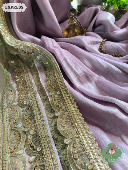 Zynah Metallic Lilac Linen Tissue Saree With Scalloped Lace & Mustard Tassels; Custom Stitched/Ready-made Blouse, Fall, Petticoat; SKU: 2703202510