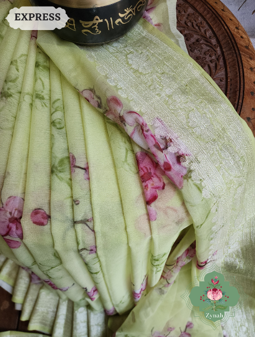Zynah Lime Pure Khaddi Georgette Floral Banarasi Saree With Silver Zari; Custom Stitched/Ready-made Blouse, Fall, Petticoat; SKU: 2804202305