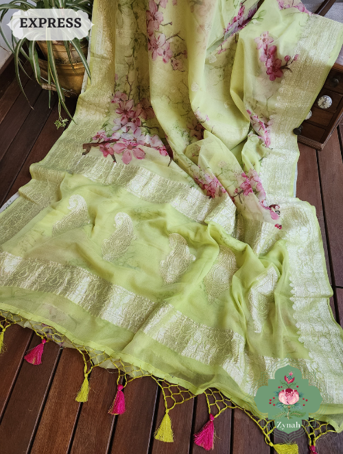 Zynah Lime Pure Khaddi Georgette Floral Banarasi Saree With Silver Zari; Custom Stitched/Ready-made Blouse, Fall, Petticoat; SKU: 2804202305