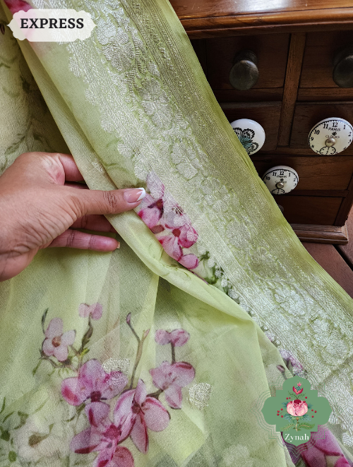 Zynah Lime Pure Khaddi Georgette Floral Banarasi Saree With Silver Zari; Custom Stitched/Ready-made Blouse, Fall, Petticoat; SKU: 2804202305