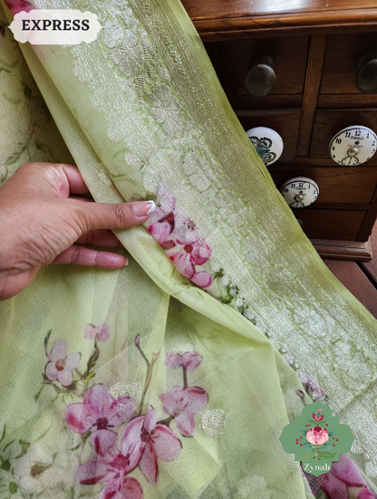 Zynah Lime Pure Khaddi Georgette Floral Banarasi Saree With Silver Zari; Custom Stitched/Ready-made Blouse, Fall, Petticoat; SKU: 2804202305