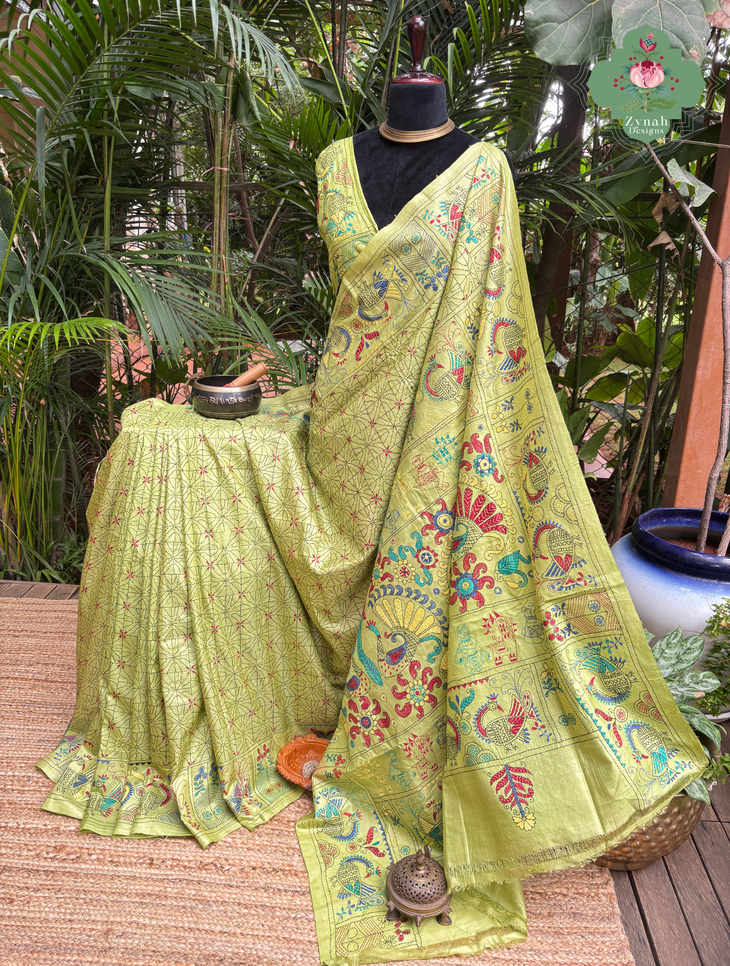 Tarangini Lime Green Pure Gachi Tussar Silk Saree With Kantha Hand Embroidery - SKU 0907202602